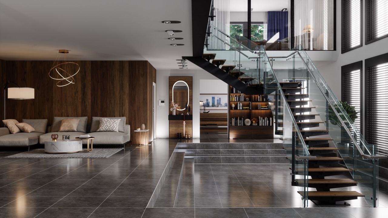 Luxury Modern House Interior With Corner Sofa, Bookshelf And Staircase